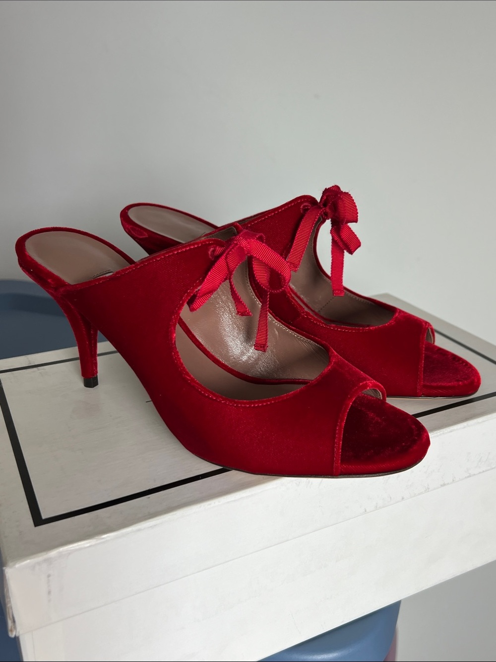 Tabitha Simmons helene red velvet open toe slip on heels with ribbon bows 38